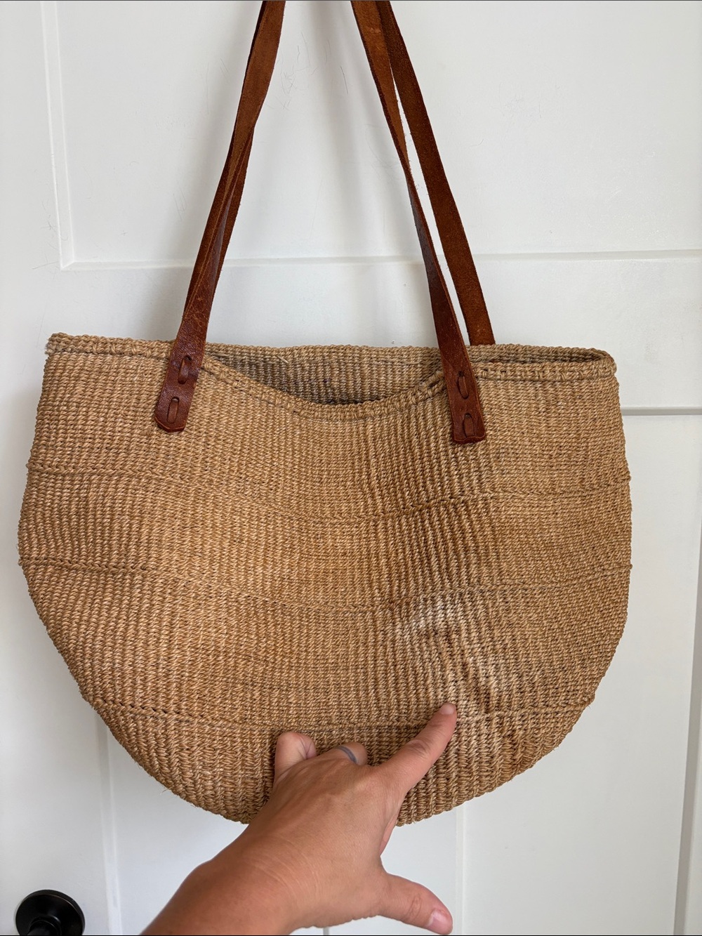 Woven Straw Tote Bag with Brown Leather Straps - Picture 7 of 9